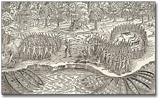 Drawing: Deffaite des Yroquois au lac Champlain. (Detail)