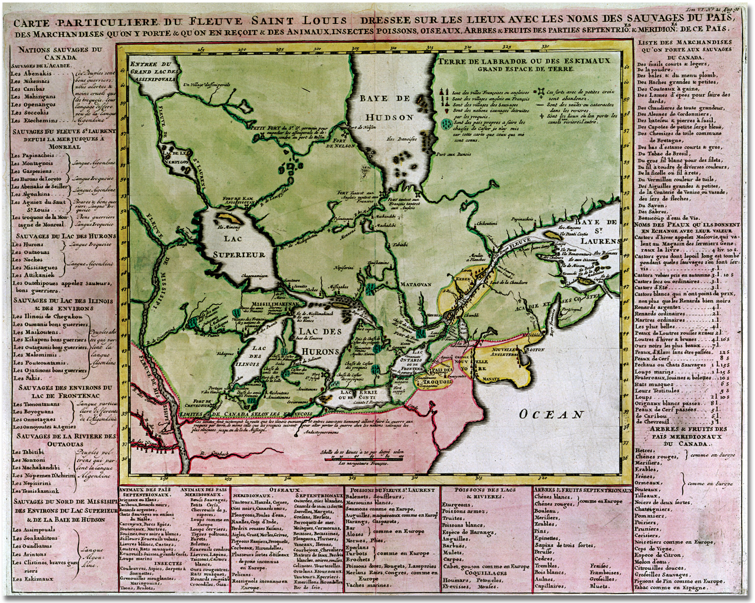 Carte particulière du Fleuve Saint Louis dressée sur les lieux avec les noms des sauvages du païs, des marchandises qu'on y porte & qu'on en reçoit & des animaux, insectes, poissons, oiseaux, arbres & fruits des parties septentrionales et méridionales de ce païs. 1719.