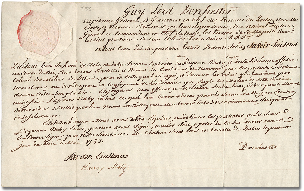 Certificate appointing Jacques Duperon Baby to the rank of Militia Captain, 1788