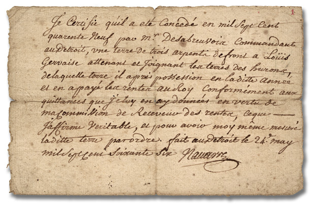 Certificat foncier, Robert Navarre à Louis Gervais, 1766