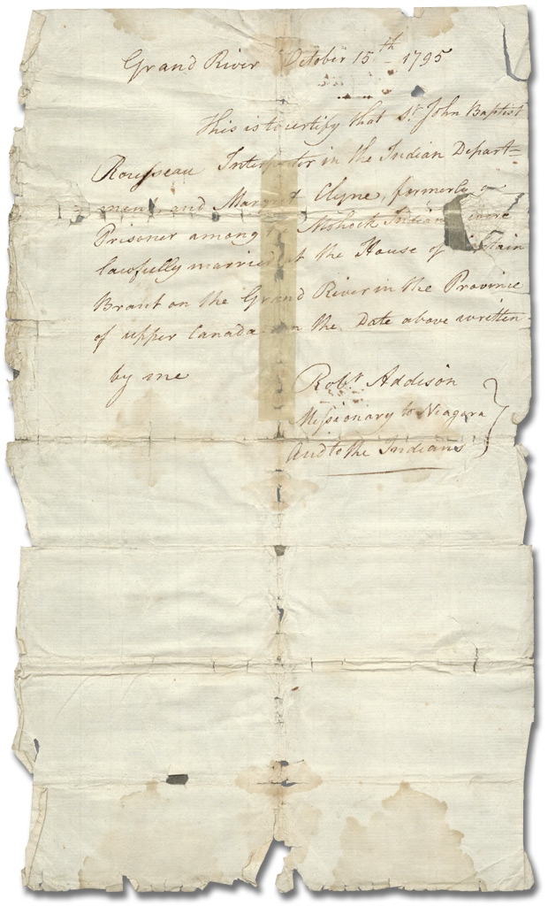 Marriage certificate, John Baptist Rousseau and Margaret Clyne, 1795