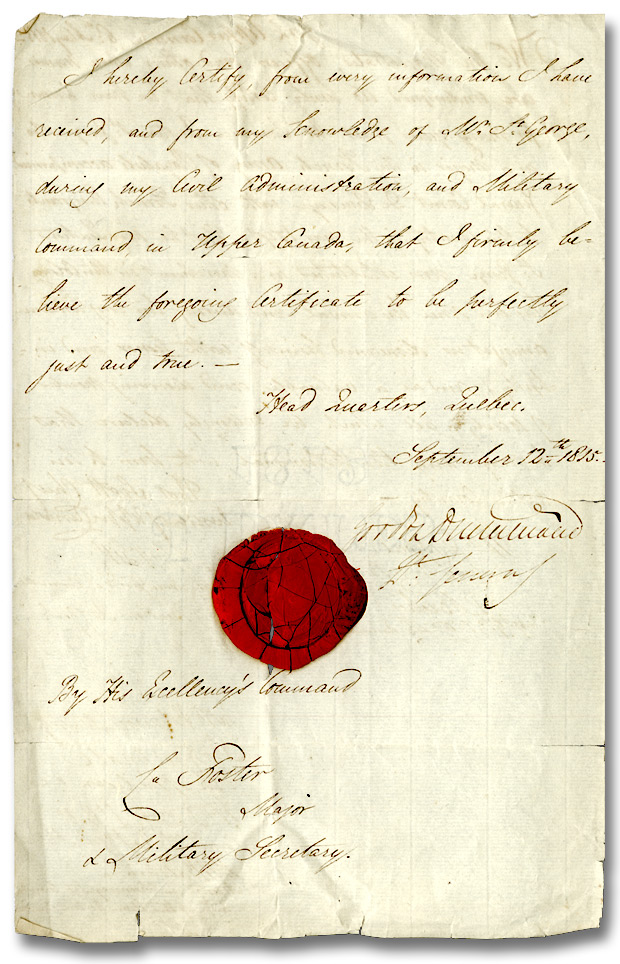 Certificat de bon caractère émis pour Laurent Quetton St. George, 1815