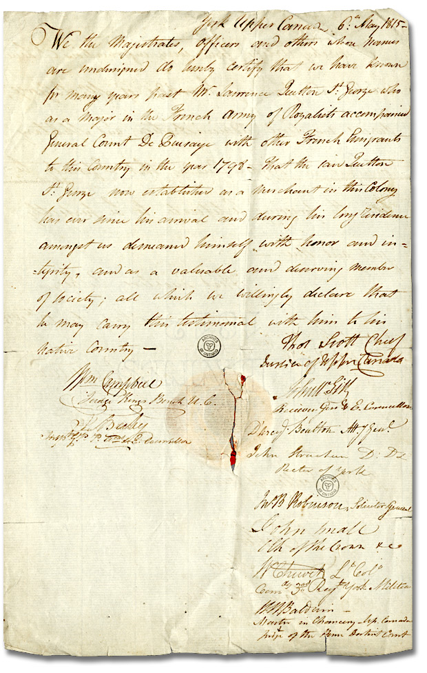 Certificate of good character for Laurent Quetton St. George, 1815