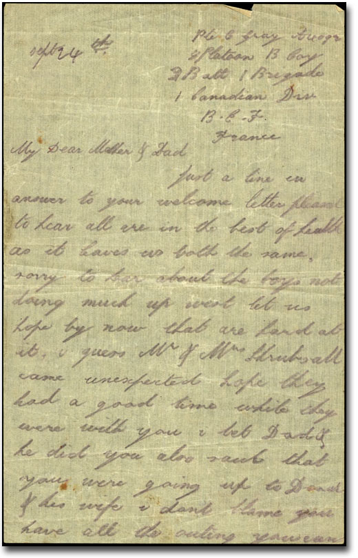 Lettre datée du 24 septembre 1915, de Charlie Gray à ses parents Alfred et Emily, Page 1