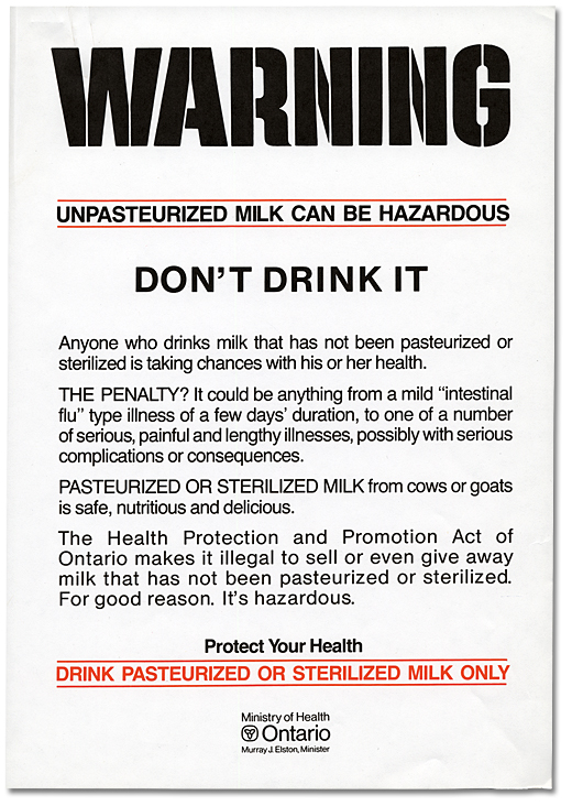 Feuillet « Warning: Unpasturized Milk Can Be Hazardous », 1986