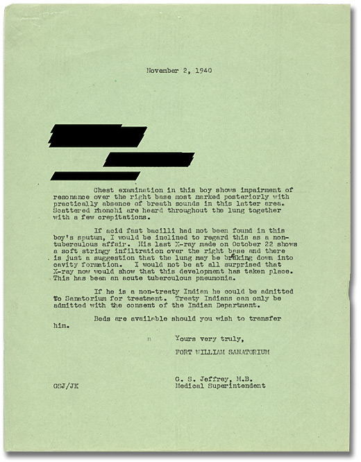 Lettre écrite par le chef des services médicaux de la clinique pulmonaire du sanatorium de Fort William à un médecin de Port Arthur, 1940