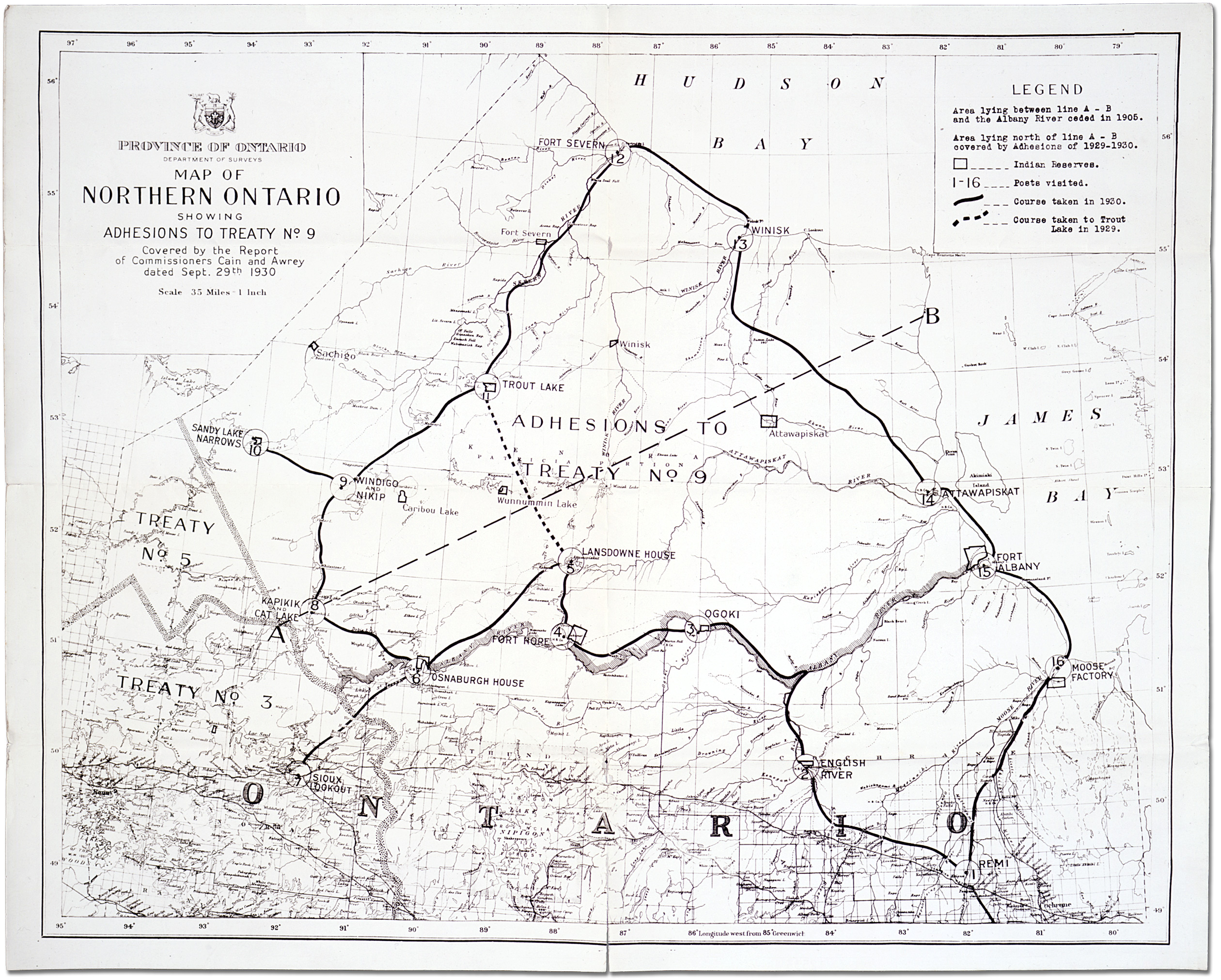 Map of Northern Ontario showing adhesions to Treaty No. 9 covered by the Report of Commissioners Cain and Awrey