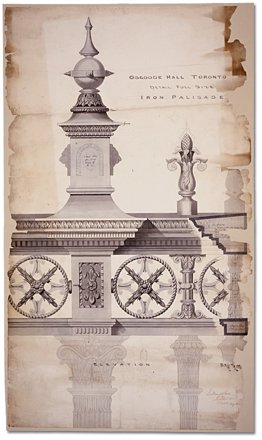 Dessin : Osgoode Hall, clôture en fer et portes, 1866
