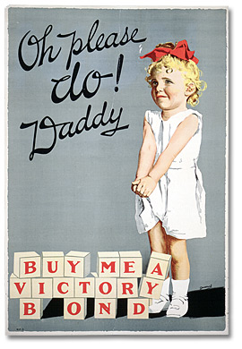 Affiche des emprunts de la victoire représentant une fillette blonde qui supplie son père, avec un texte en blocs alphabet  