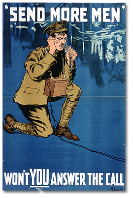 Affiche de recrutement représentant un soldat utilisant un téléphone de défense antiaérienne, un genou à terre 
