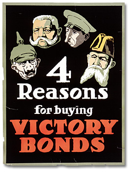 Affiche des emprunts de la victoire représentant les visages renfrognés de quatre chefs des forces ennemies 