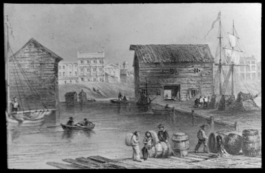 Photographie d’une peinture d’une scène portuaire de Toronto au pied de la rue de l’église en 1850