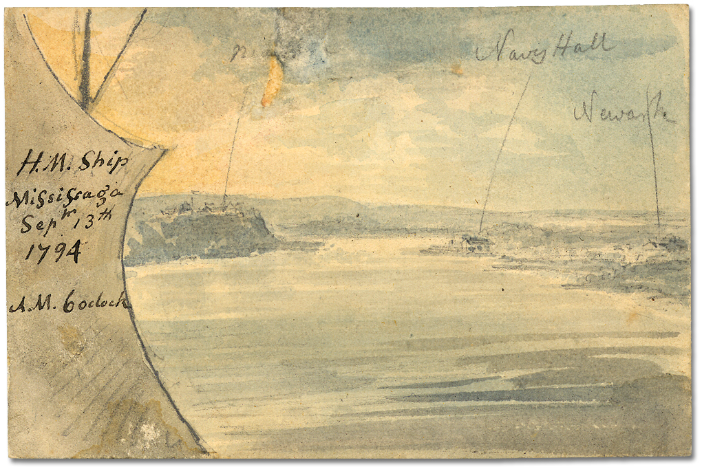 Lavis sur papier : His Majesty's Ship Mississauga; Niagara, Navy Hall, Newark; Sept. 13, 1794, 6 o'clock AM