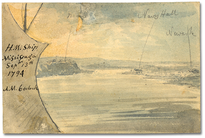 Lavis sur papier : His Majesty's Ship Mississauga; Niagara, Navy Hall, Newark; Sept. 13, 1794, 6 o'clock AM (détail)