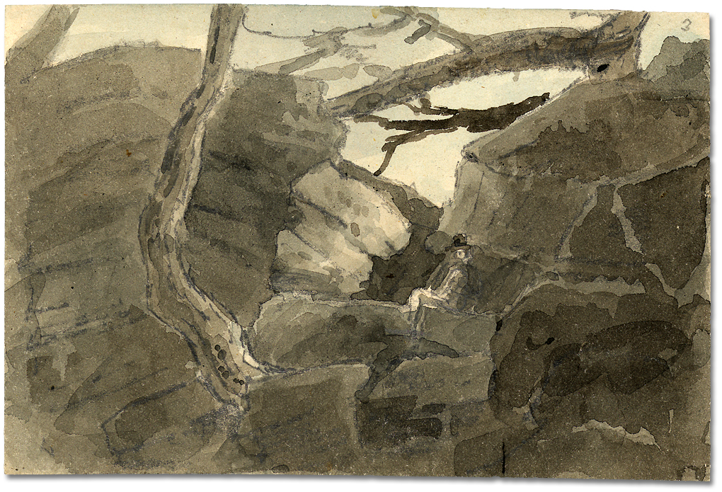 Lavis sur papier : Near the 40 Mile Creek rocks where the wolves descend to the plain below, 9 juin 1796