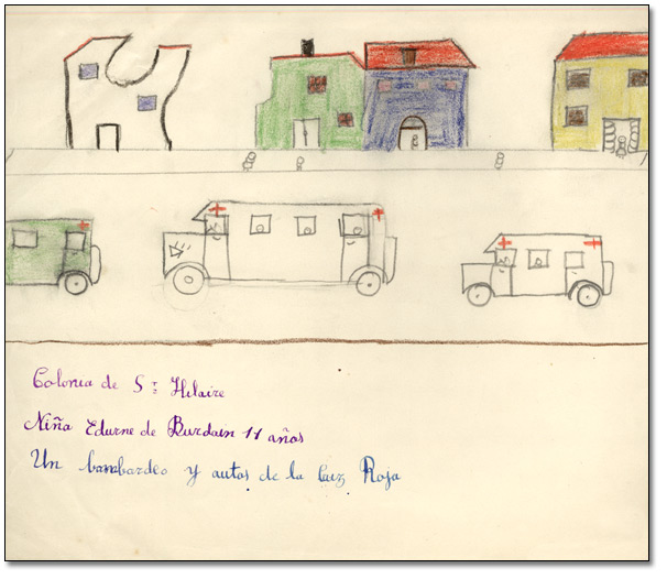 Dessin : "Un bombareo y autos de la Cruz Roja" (Un bombardement et des véhicules de la Croix-Rouge), [vers 1936-1939]