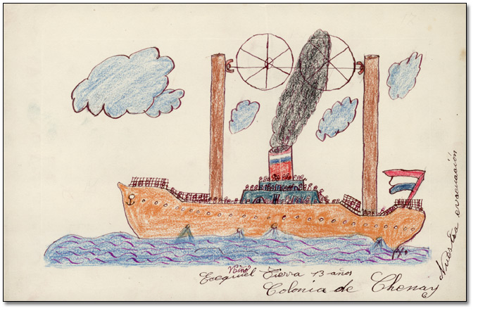Dessin : "Nuestra evacuación" (Notre évacuation), [vers 1936-1939]