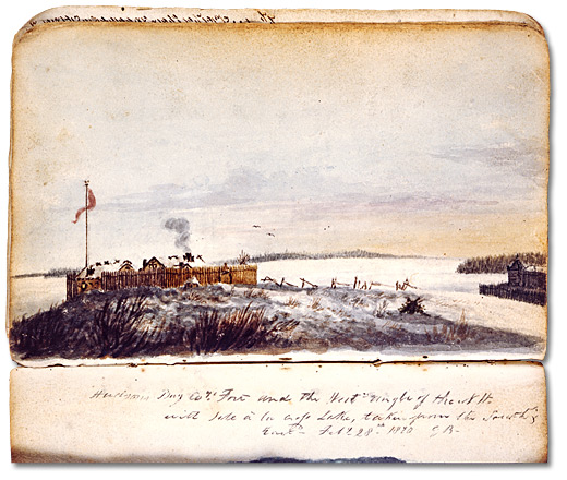 Aquarelle : Forts de la Compagnie de la Baie d’Hudson et de la Compagnie du Nord-Ouest à l’Île-à-la-Crosse, 28 février 1820