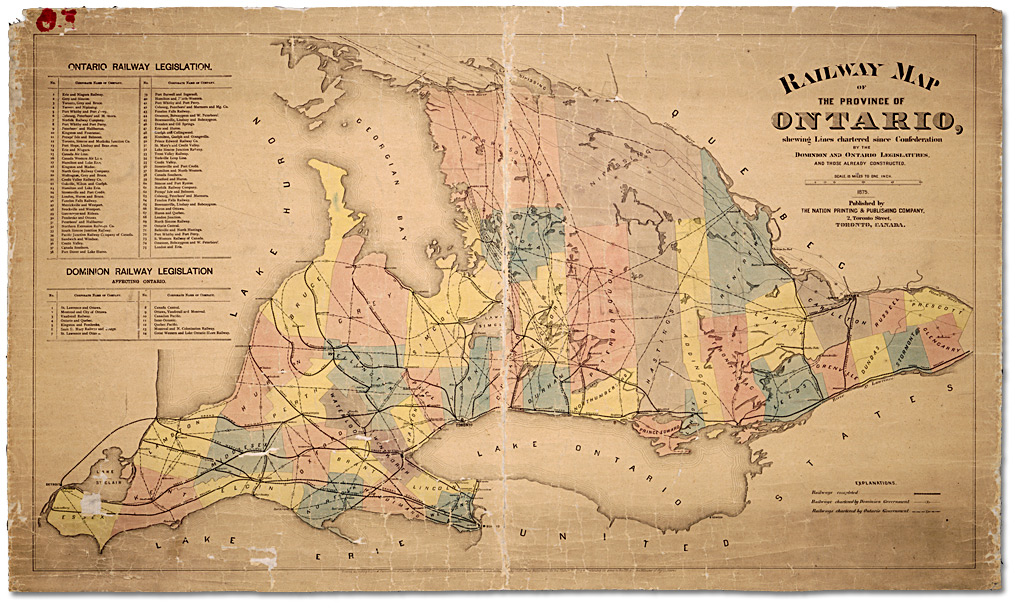 Carte du chemin de fer de la Province de l’Ontario montrant les voies établies depuis la Confédération par le Dominion et l’Ontario, 1875