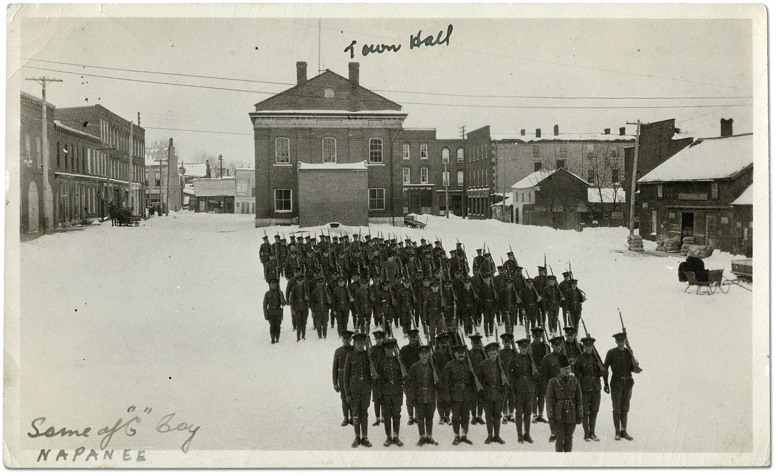 Soldiers of the “C” Company, 80th Overseas Battalion, Canadian Expeditionary Force (C.E.F.) training in front of the town hall in Napanee, Ontario, [ca. 1914-1917]