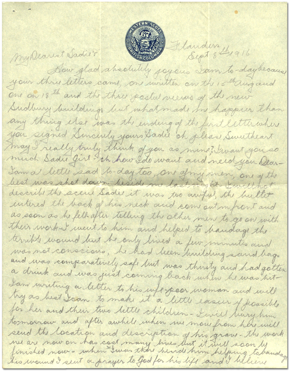 Letter from Harry Mason to Sadie Arbuckle, September 8, 1916