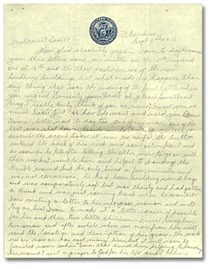 Lettre de Harry Mason à Sadie Arbuckle, le 8 septembre 1916