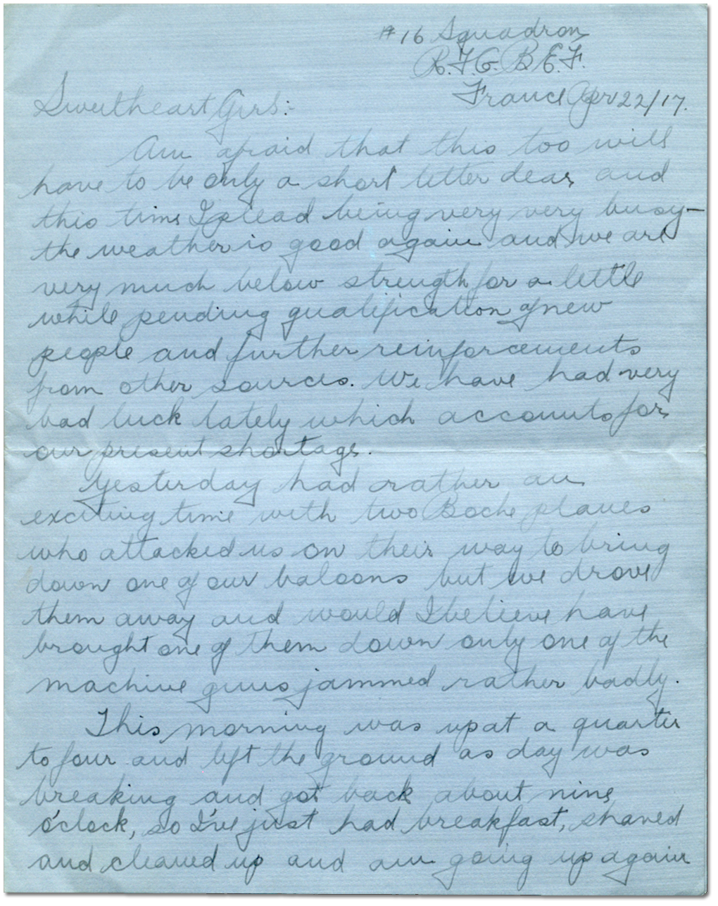 Letter from Harry Mason to Sadie Arbuckle, April 22, 1917