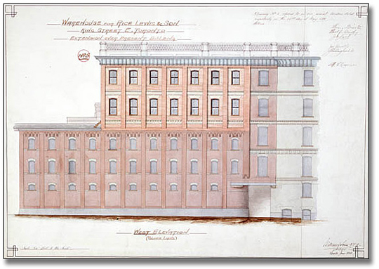 Watercolour: Rice Lewis Warehouse, King and Victoria front elevation, 1886-1891 