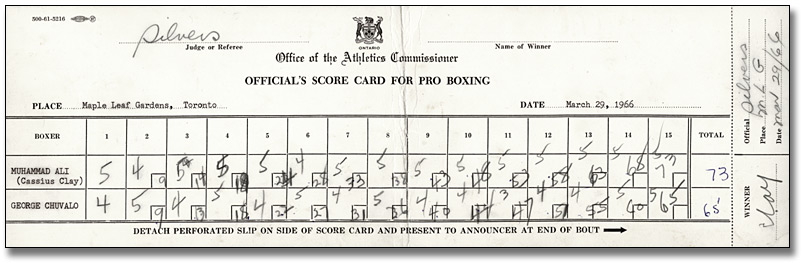 Official Judge’s Score Card for Muhammad Ali – George Chuvalo fight held at Maple Leaf Gardens, Toronto, Ontario, March 29, 1966