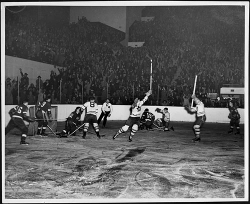 A goal is scored by the Toronto Maple Leafs during playoffs against the Detroit Red Wings, 1942
