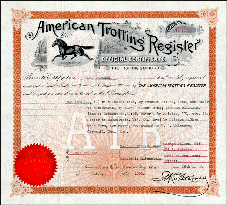American Trotting Register Official Certificate for May Patchen, March 26, 1902 