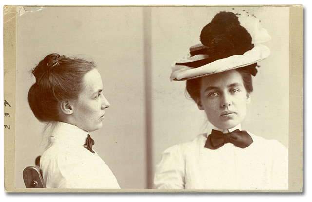 Two photographs of Lillie Williams (alias Harrington), a housekeeper who was arrested on “suspicion” of an unidentified crime.
The camera captured her evocative expression on August 11, 1901 (2000.28.141)