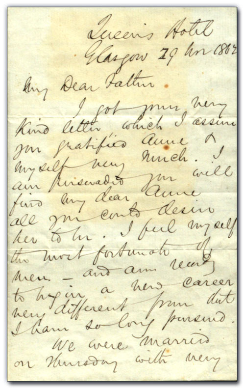 Letter from George Brown to Peter Brown (George’s father), 29 November 1862