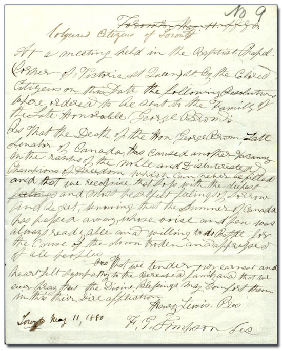 Résolution de l’Assemblée des citoyens de couleur de Toronto, Église baptiste à l’angle des rues Victoria et Queen, 11 mai 1880