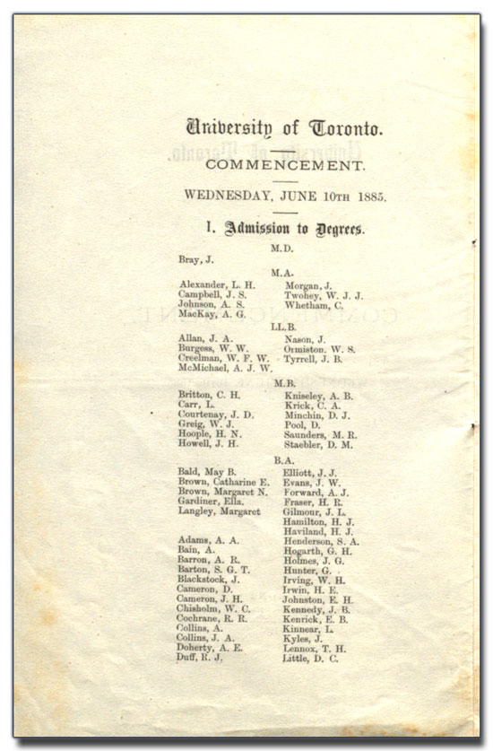 Programme de la collation des diplômes de l'Université de Toronto, 10 juin 1885