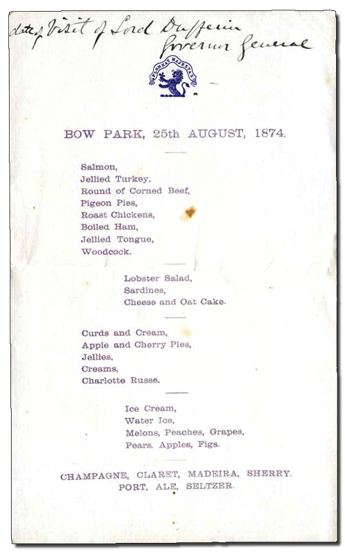 Menu de souper à Bow Park, Brantford, en l’honneur du gouverneur général Lord Dufferin, 25 août 1874