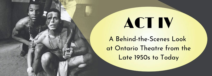 Two Black male actors wearing loincloths, crouched, looking into the distance. Page title in a yellow spotlight on right.