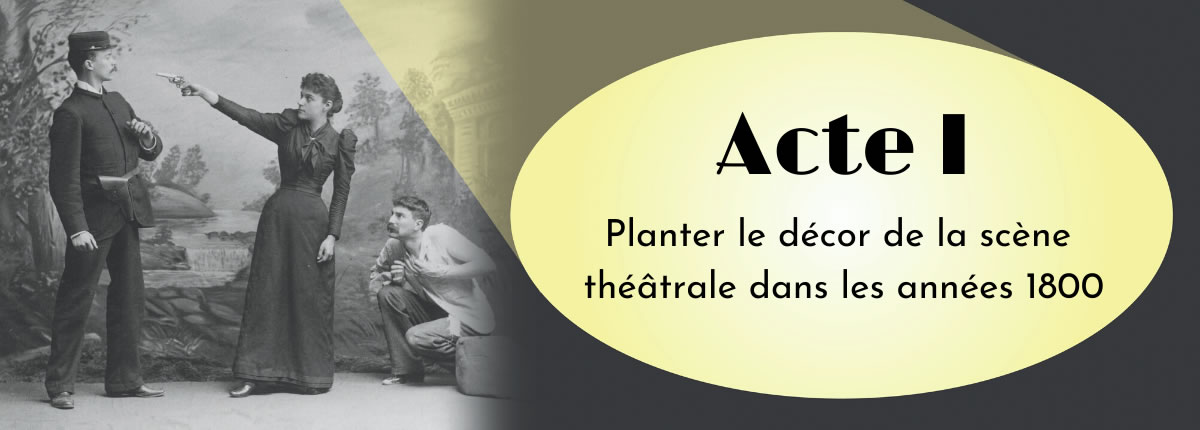 Trois acteurs blancs des années 1890 à gauche, et le titre de la page sous la lumière jaune d’un projecteur à droite