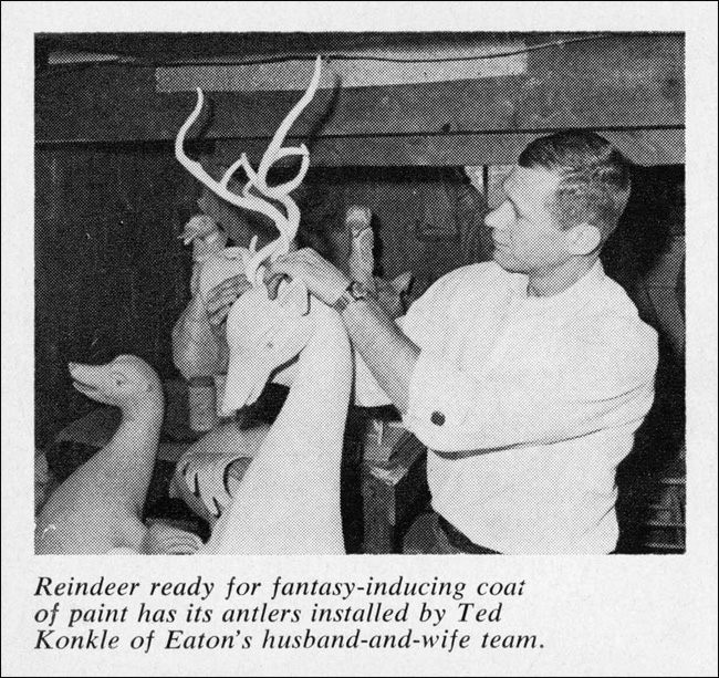 Ted working on a reindeer figure, 1959