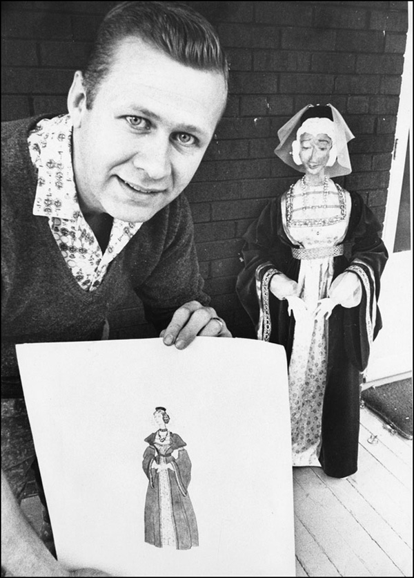 Ted Konkle with conceptual drawing and figure, 1961