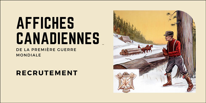 Bannière de la section « Recrutement » de l’exposition, avec détail de l’affiche « Bushmen and Sawmill Hands Wanted » 