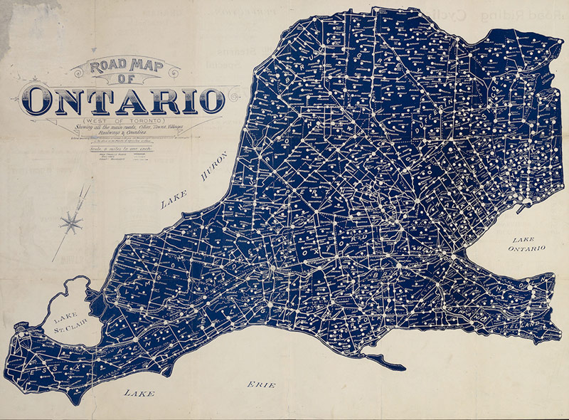 Carte routière de l’Ontario (à l’ouest de Toronto) indiquant les routes principales, les villes, les villages, les voies ferrées et les comtés