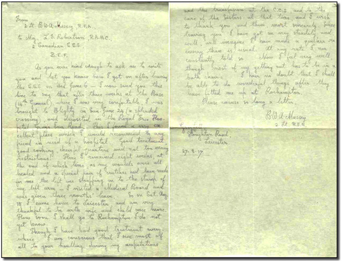 Lettre de B.W.A. Massey à L. Bruce Robertson, 27 août 1917