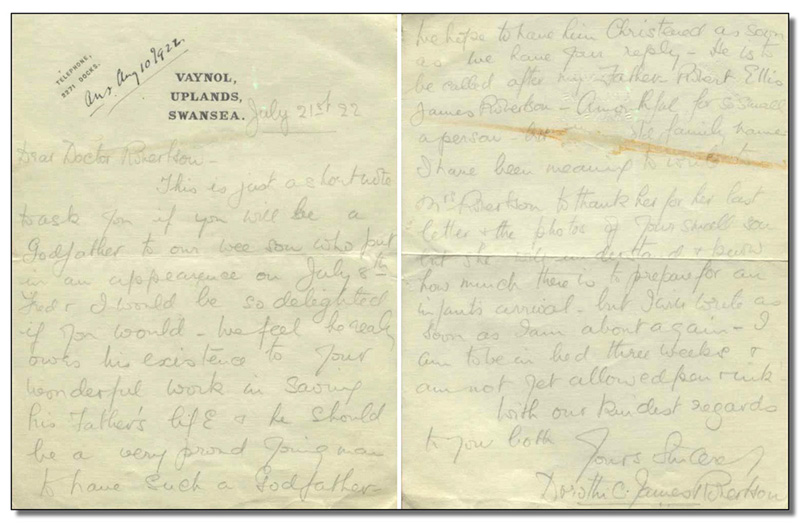 Lettre de Dorothi C. James Robertson à L. Bruce Robertson, 21 juillet 1922