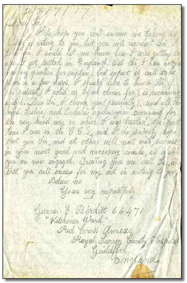 Letter from Gunner F. Birditt to L. Bruce Robertson, July 22, 1917